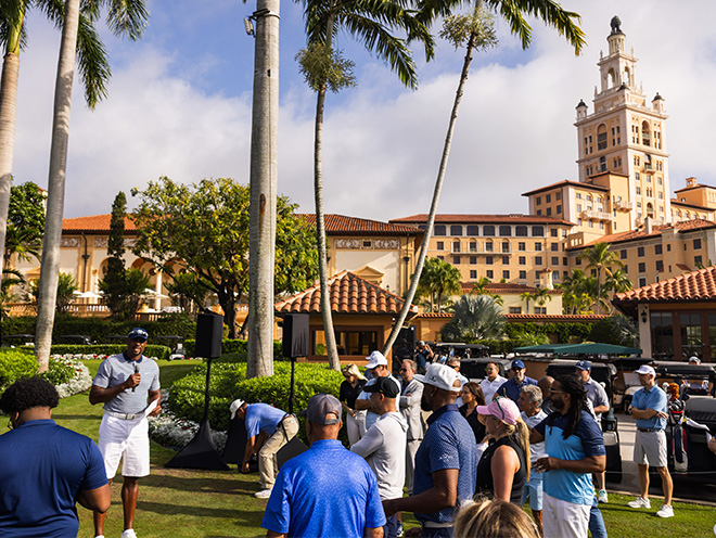Alonzo Mourning speaks to guests at the Golf Classic event in 2026